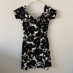 blank and white off the shoulder dress